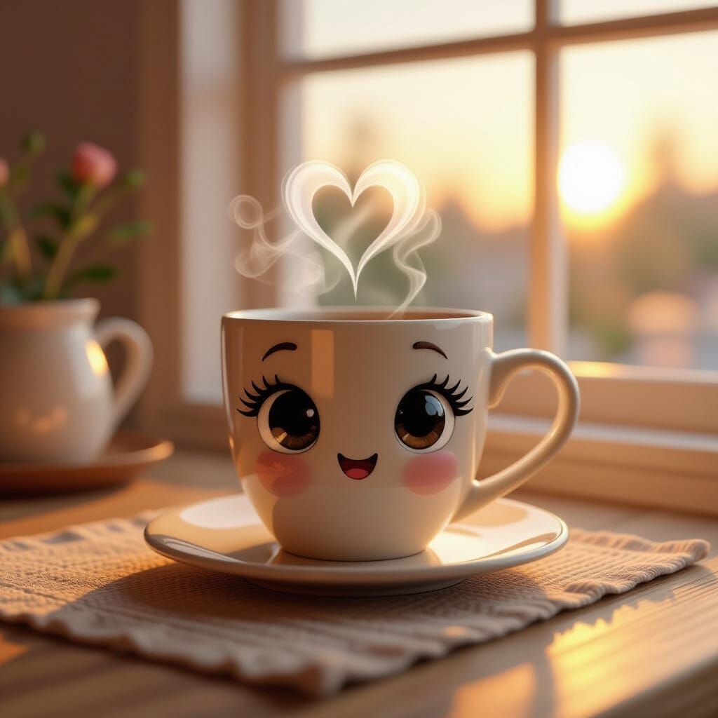 Cute Smiling Coffee Mug on Breakfast Table in Sunrise Light