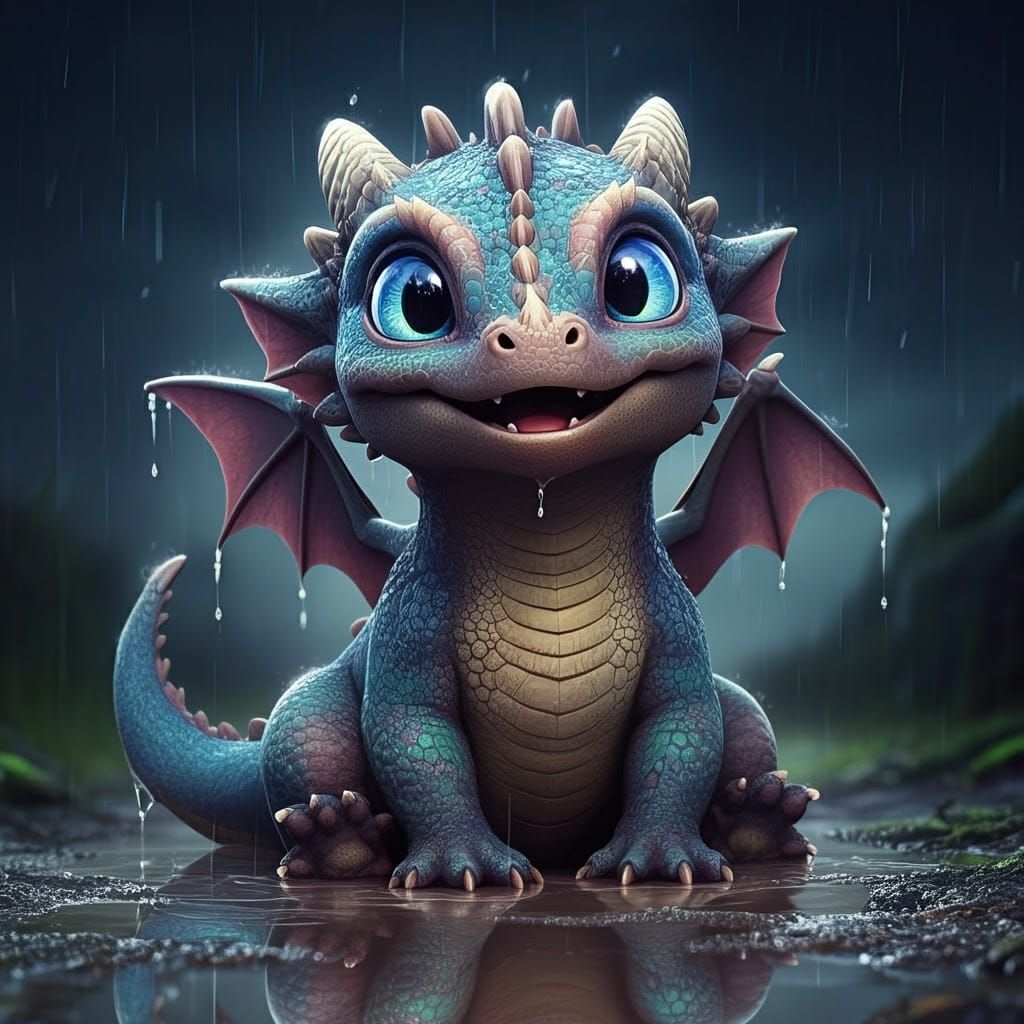 Chibi Dragon in Rainy Puddle, Fantasy Art