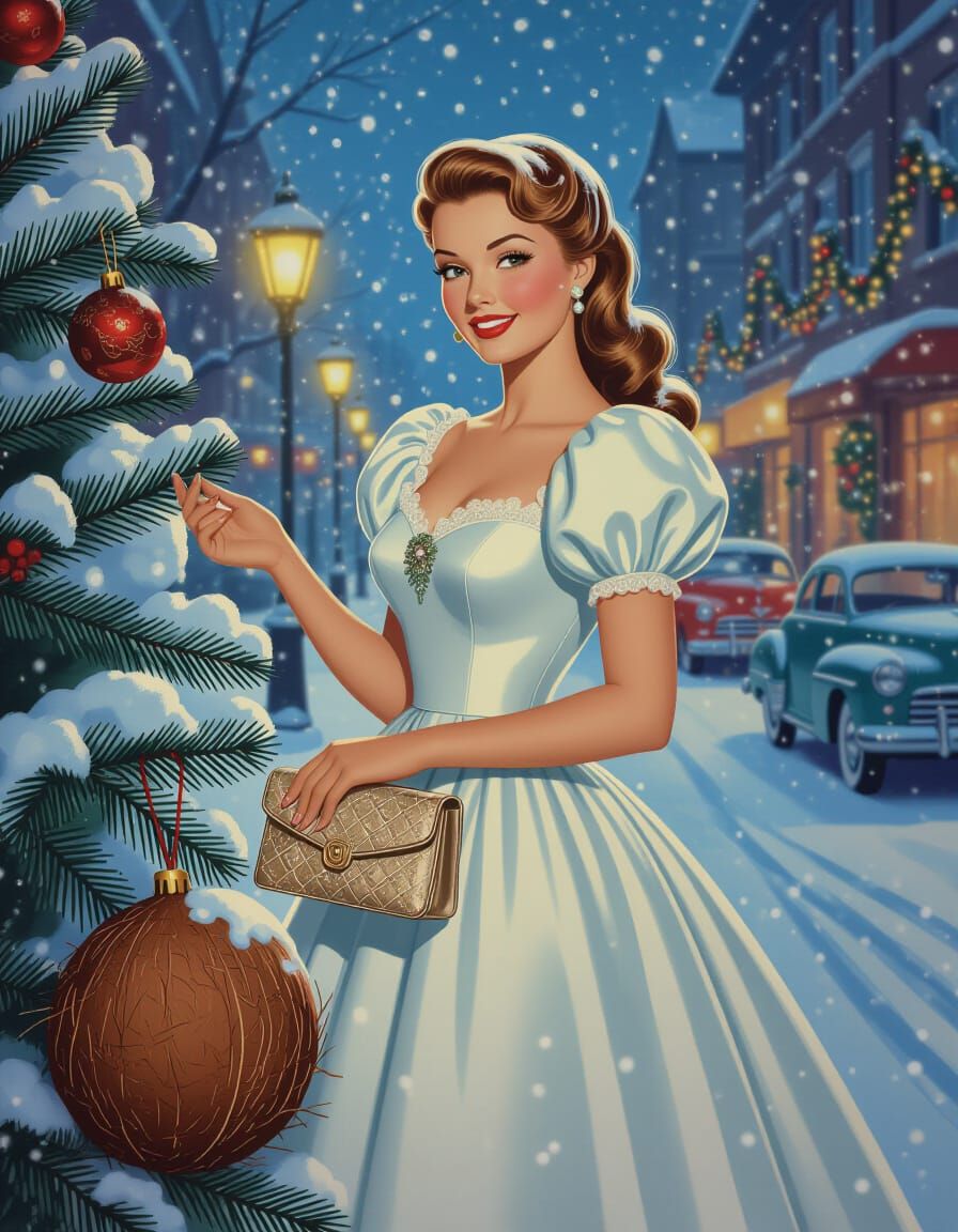1940s Snow Maiden with Retro Clutch and Festive Tree