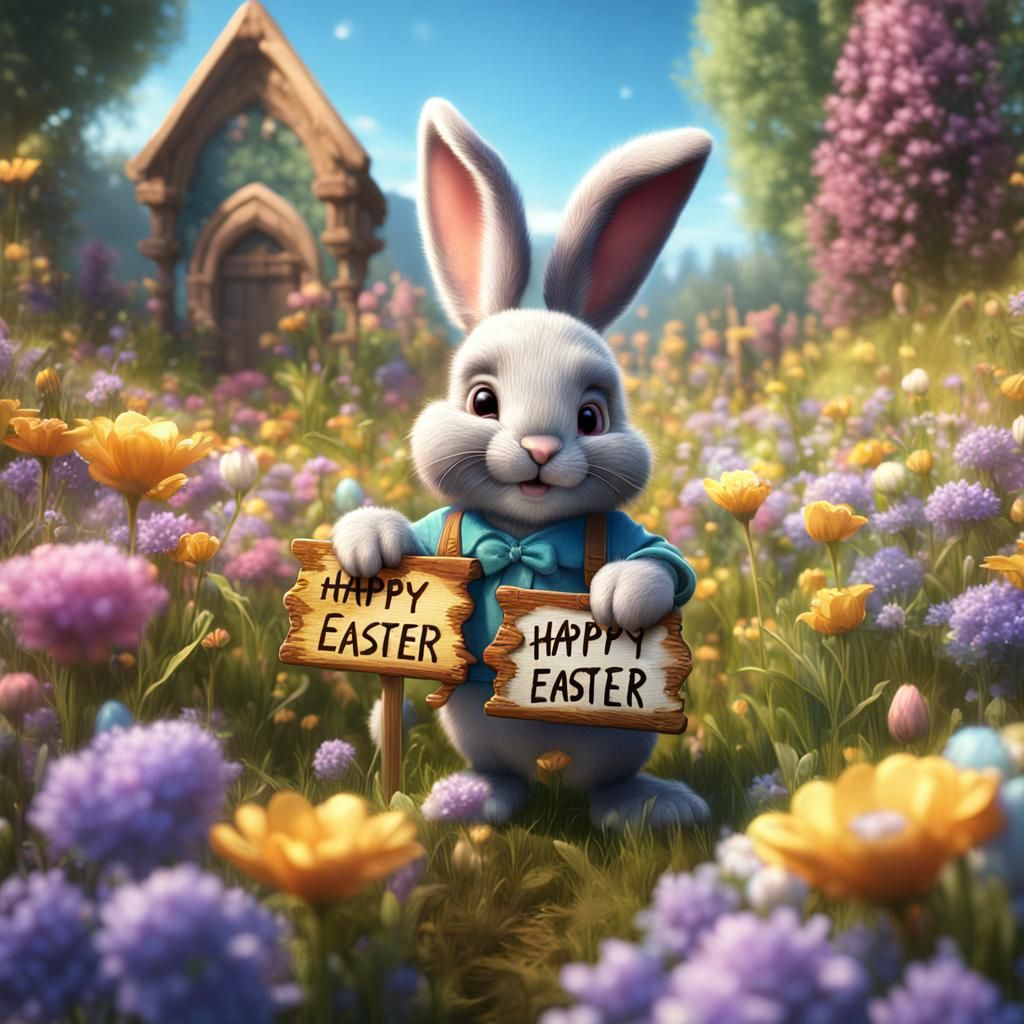 Bunny with Easter Sign in Flower Meadow