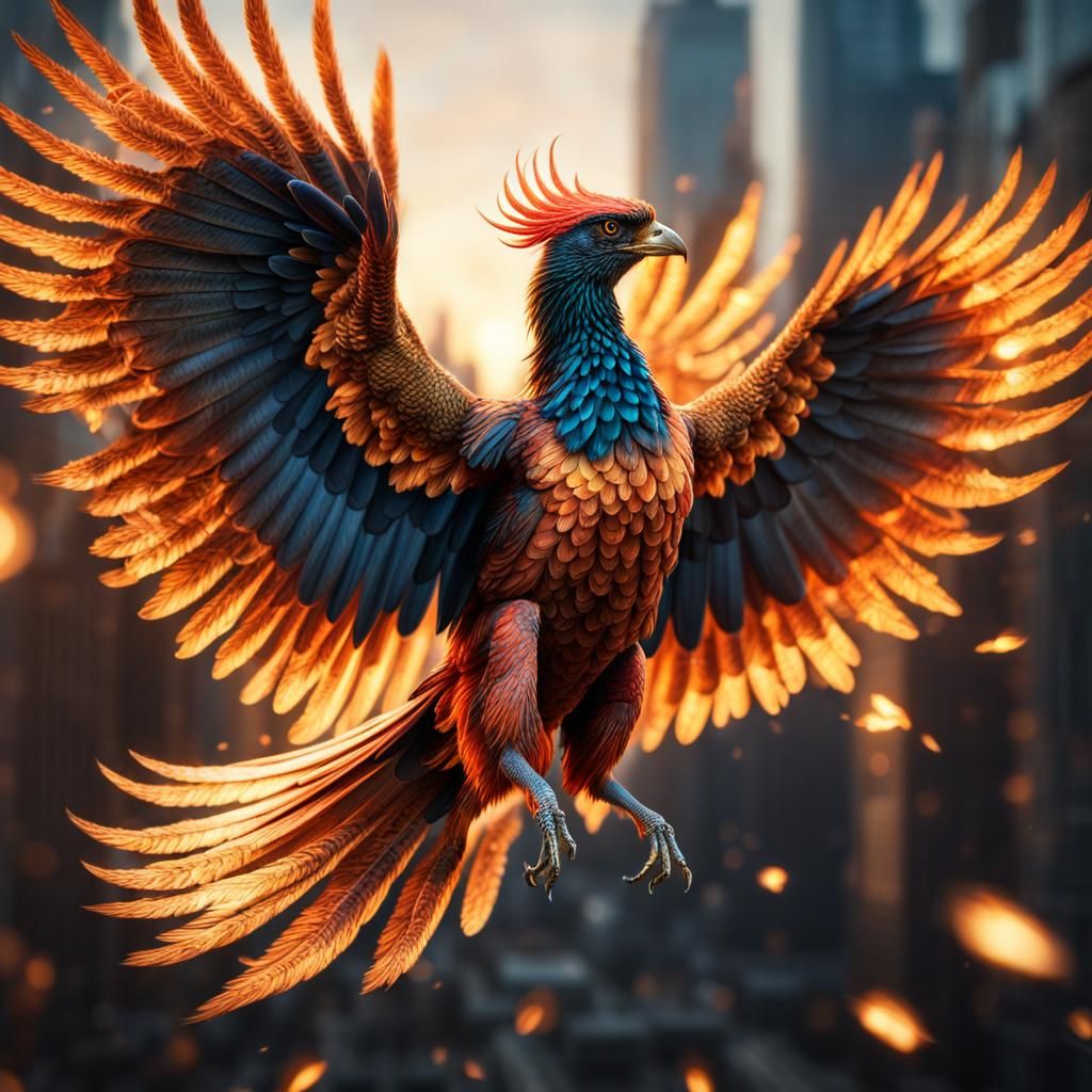 Hyper-Realistic Six-Winged Phoenix in Flight