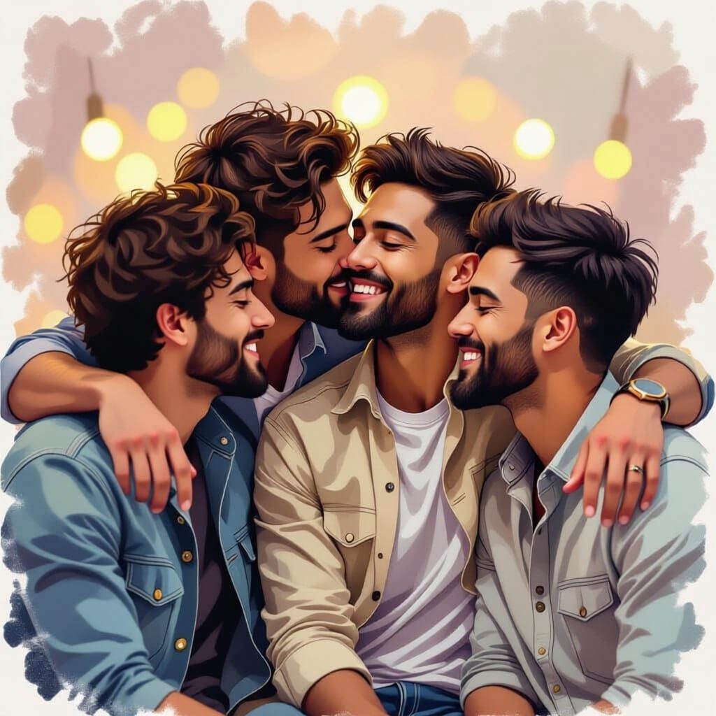 Four Men Sharing a Kiss