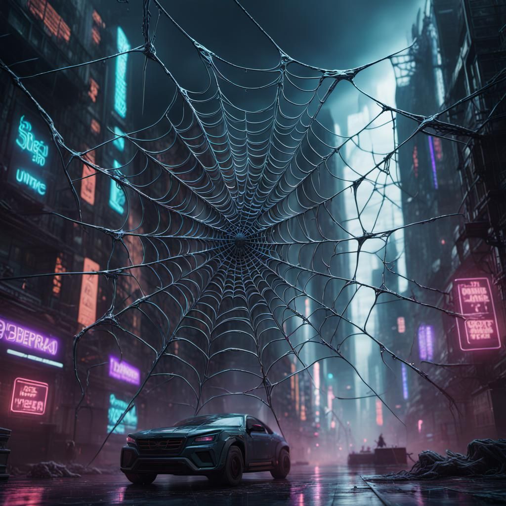 Cyberpunk Spiderweb: Detailed Matte Painting in 8K