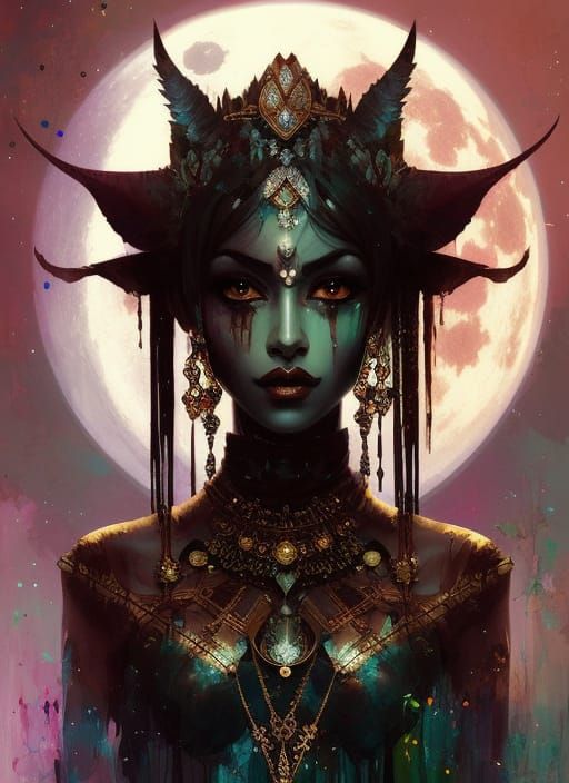 Dark Elf Queen in Ethereal Moonlight, Delicate Jewelry and T...