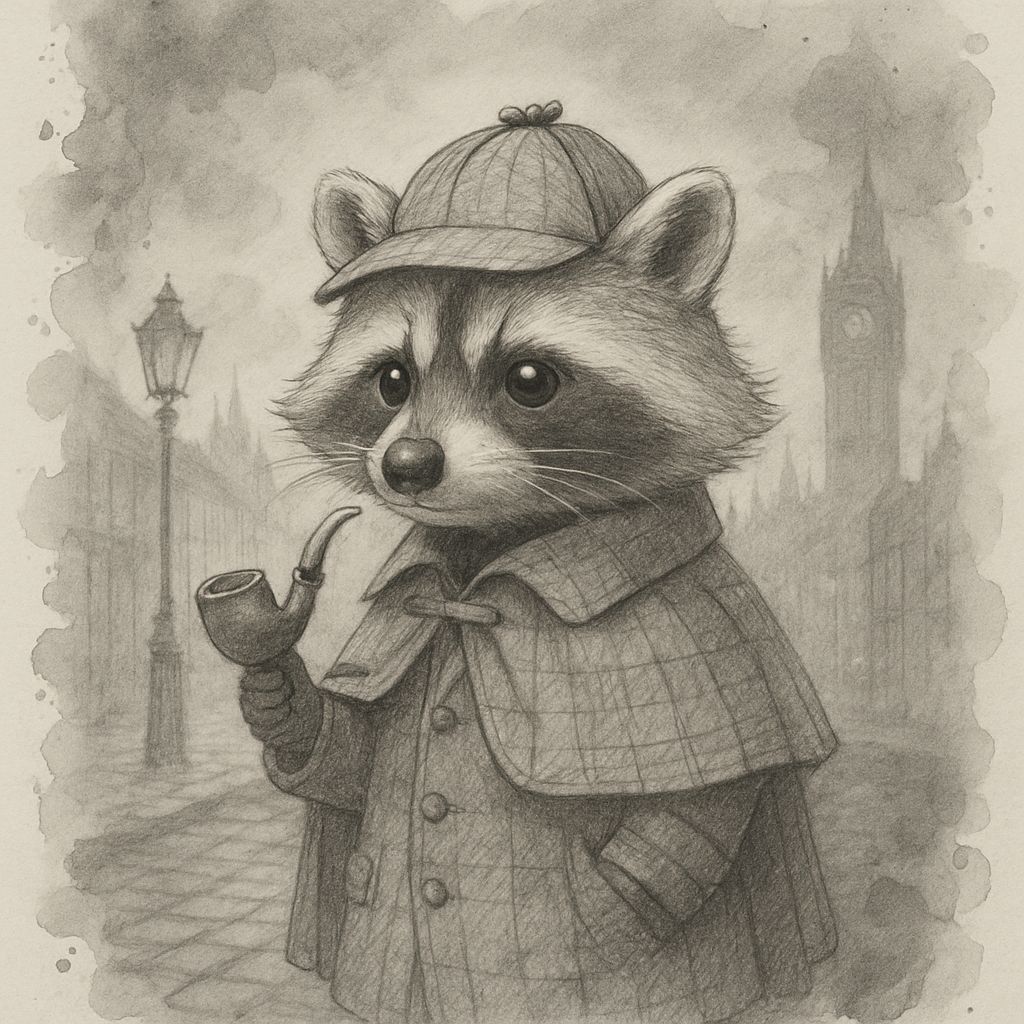 Cartoon Raccoon Detective in Victorian City, Pencil Sketch
