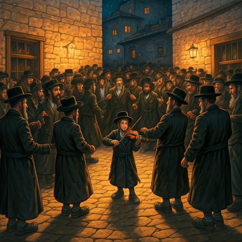 Hasidic Celebration Under Torchlight: Expressive Art Style