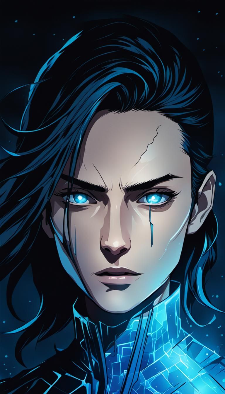 Comic Book Figure with Blue Aura in Dark City