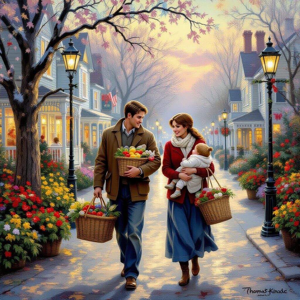 Small town feel. God light. A man carrying the groceries for...