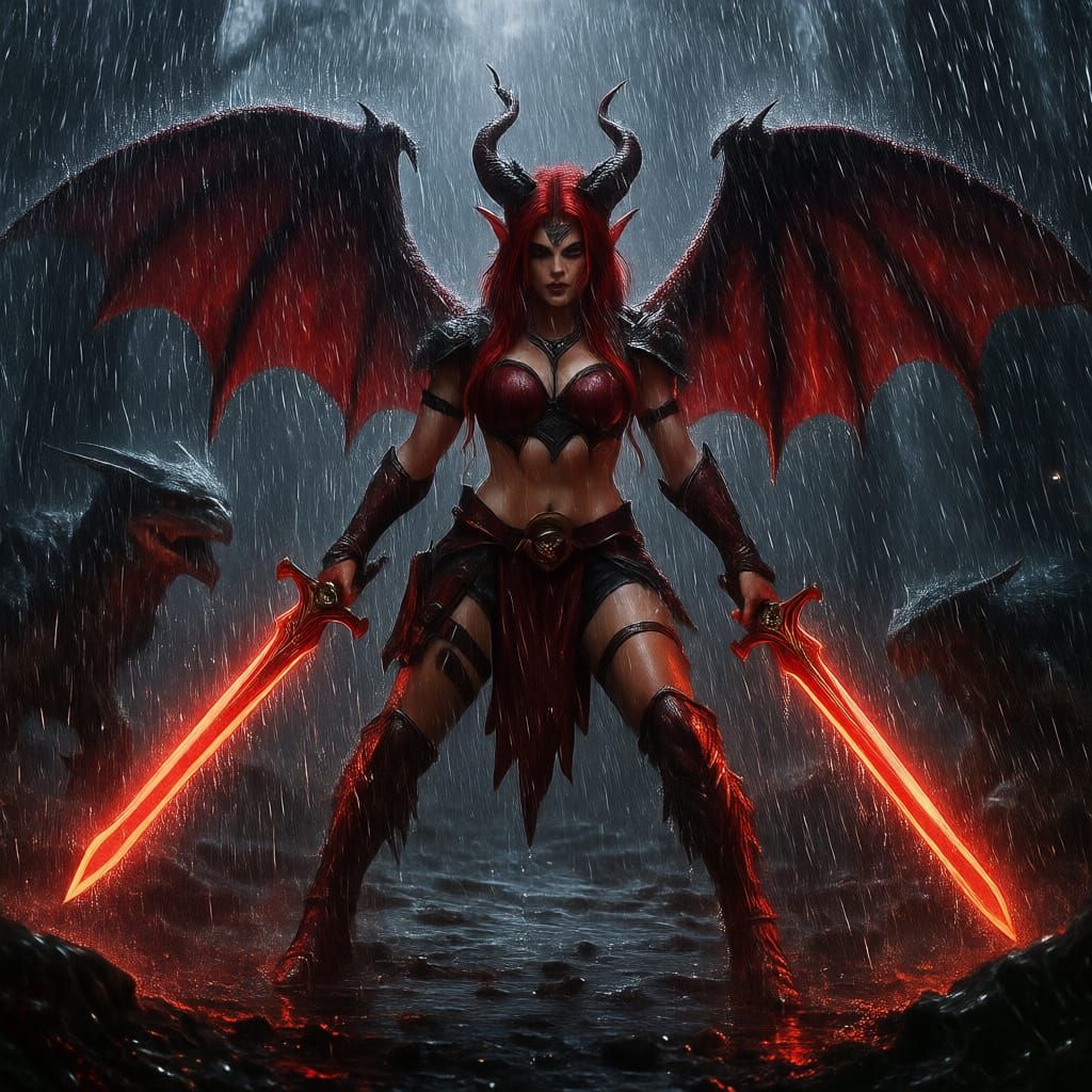 Night Elf Demon Hunter Fights Raptor in Downpour