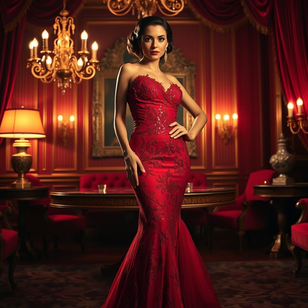 Elegant Red Evening Gown in Luxurious Hollywood Glam Style