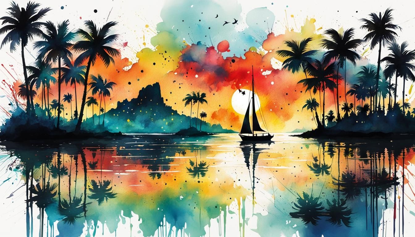 Tropical Island Sunset: Watercolor Splash Art
