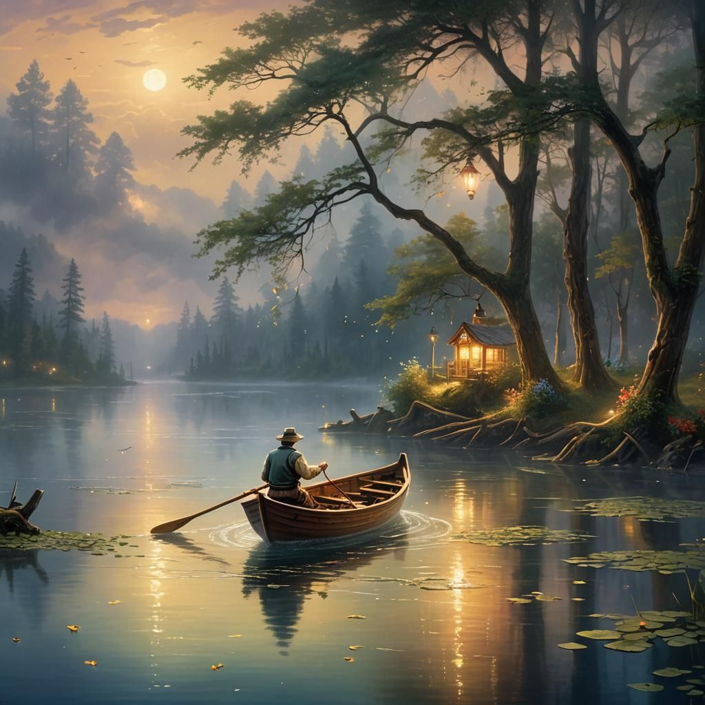 Glowing Boatman on Misty Lake: Kinkade Style