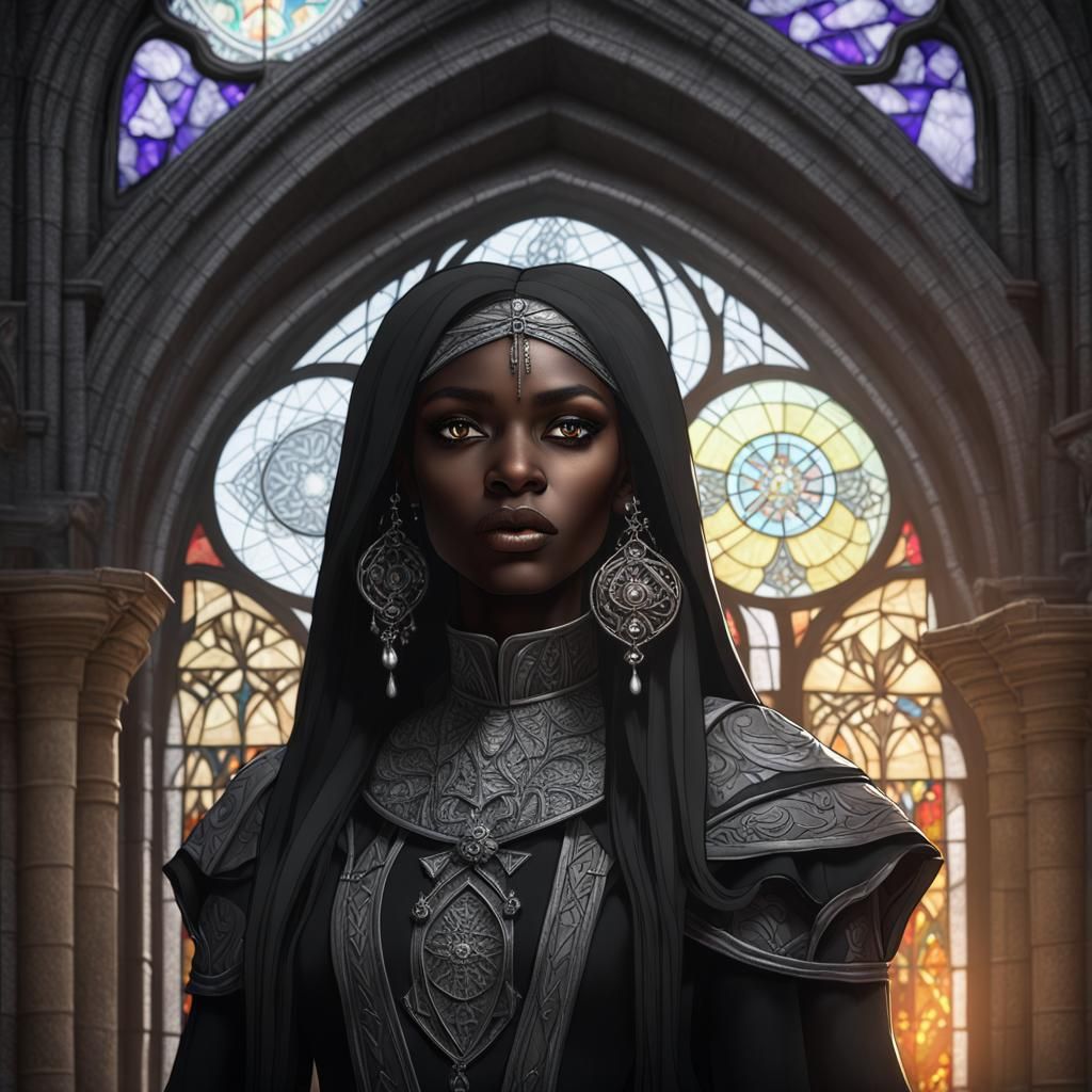 Gothic African Woman Cleric in Monochrome