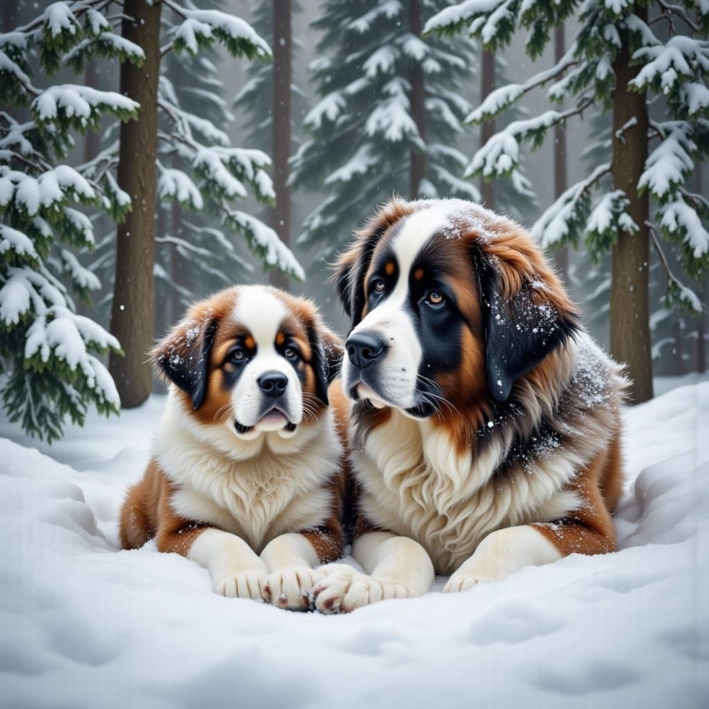 Playful St. Bernard Puppy in Snowy Forest
