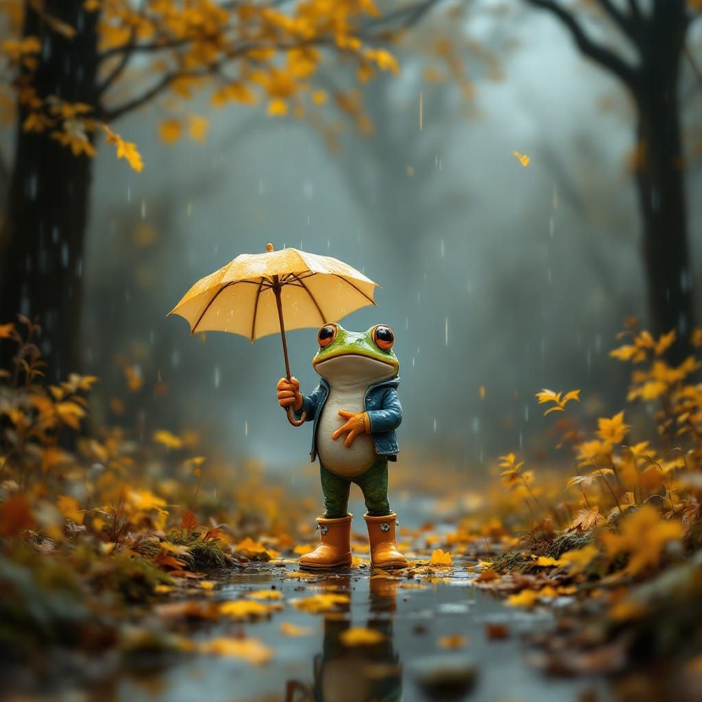 Surreal Autumn Frog in Rainy Landscape with Golden Foliage