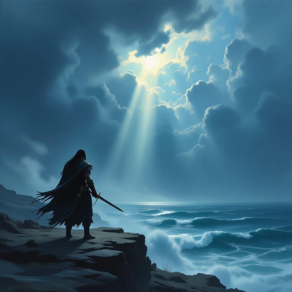 Weathered Warrior on Cliff Overlooking Desolate Ocean