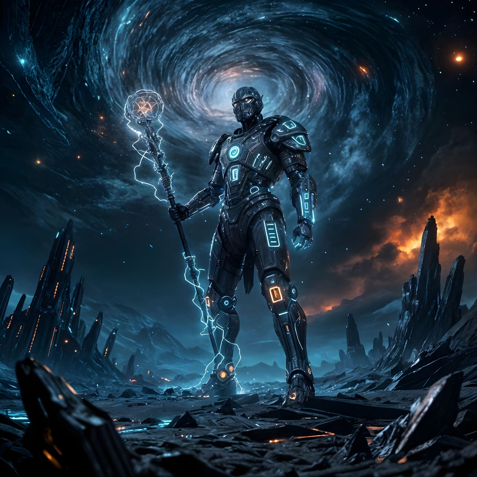 Cybernetic Warrior with Magic Staff on Alien Planet