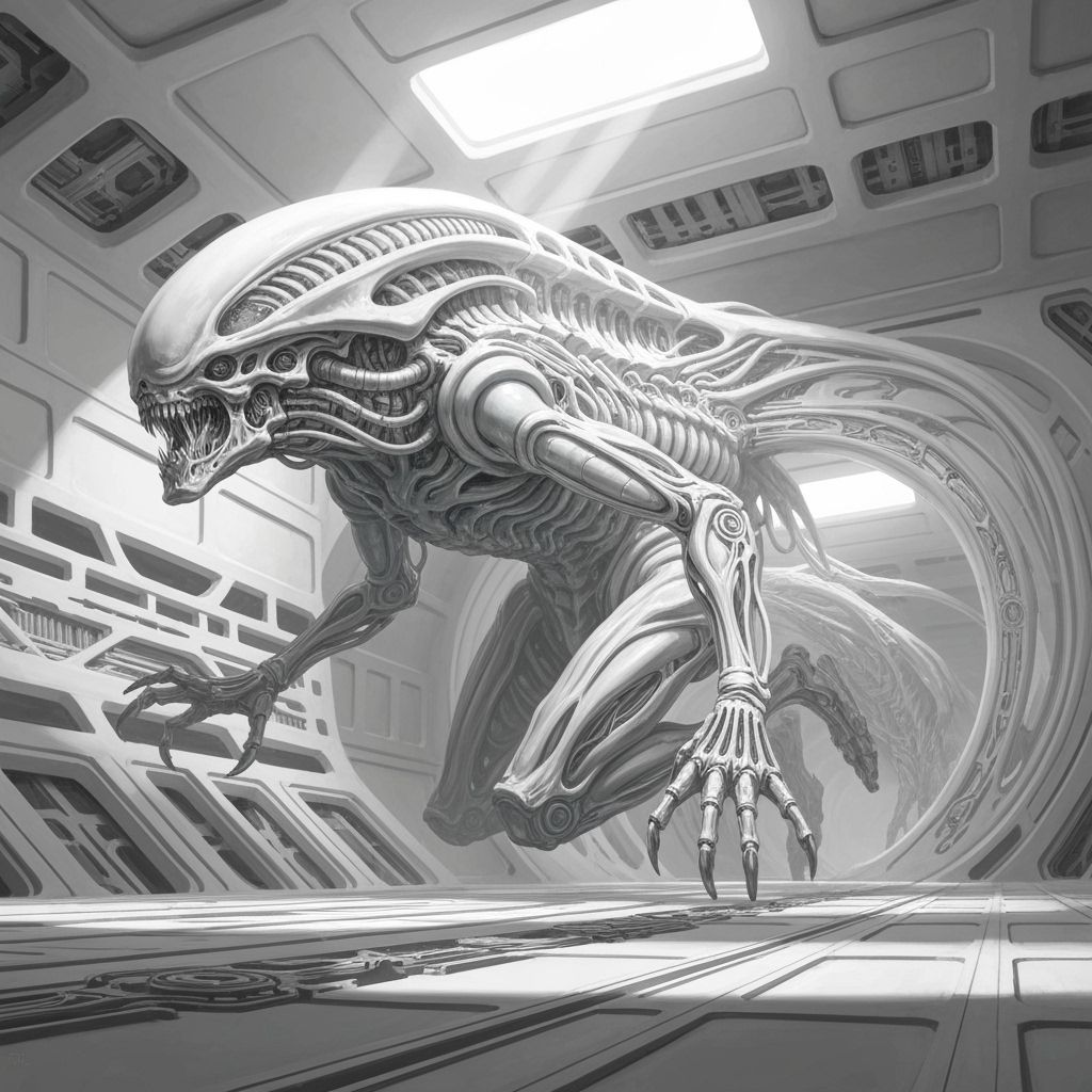 Monochromatic Biomechanical Alien Art in Giger Style