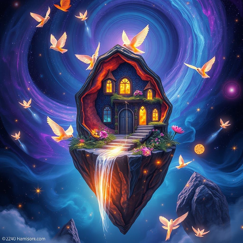 Gemstone House on Floating Islands Amidst Cosmic Birds