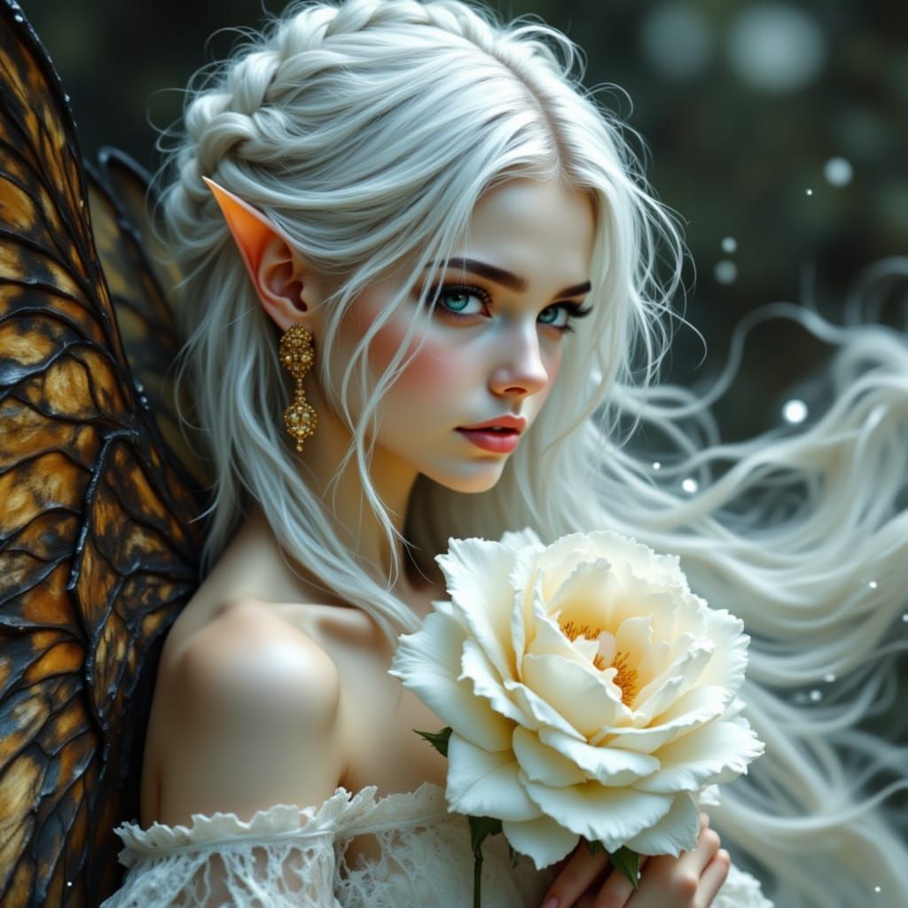 Ethereal Fairy with White Hair and Tiger Wings