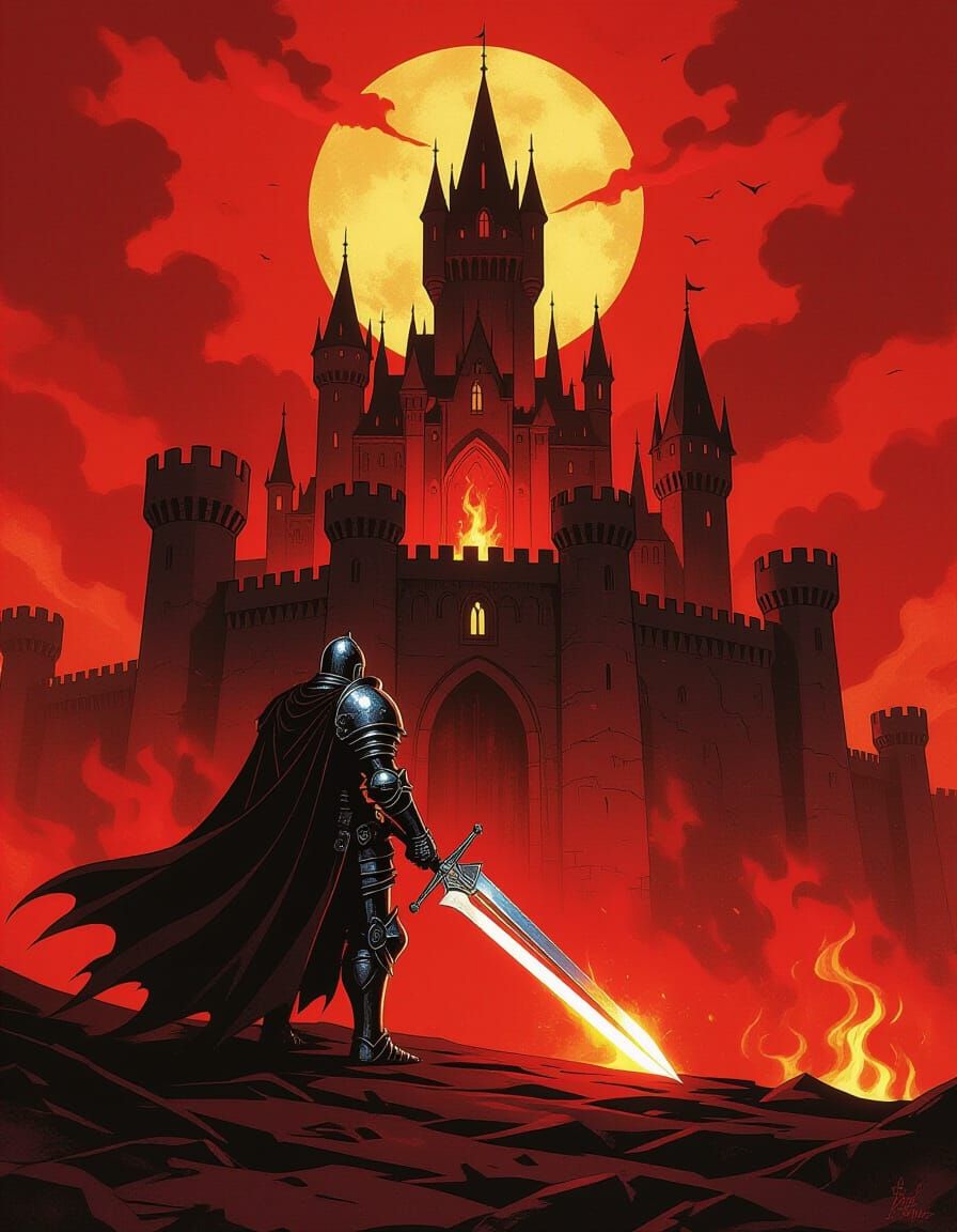 Knight Facing Fiery Castle in Dark Fantasy Style