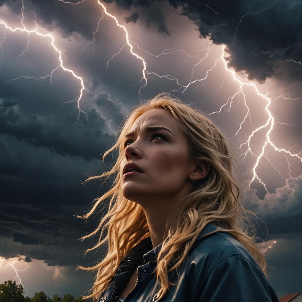 Girl Watches Lightning Storm: Cinematic Film Still