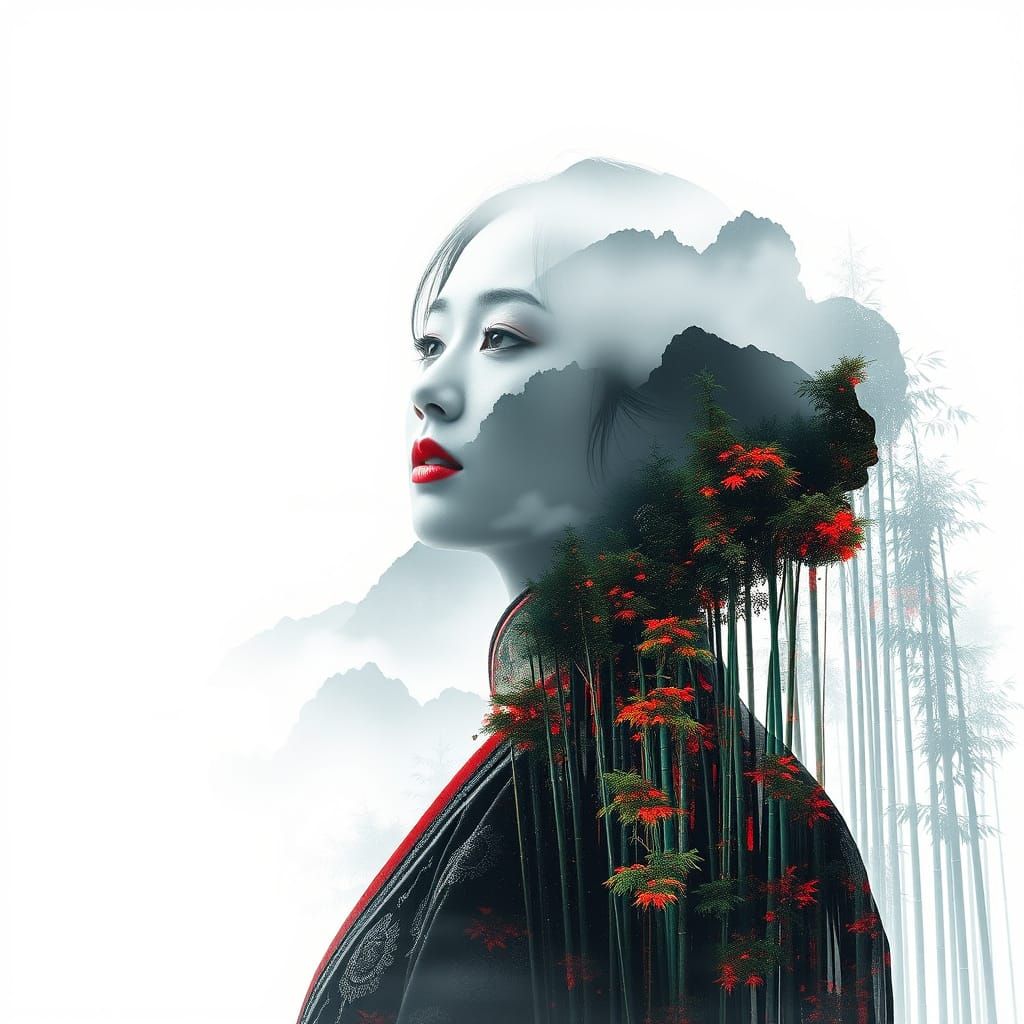 Ethereal Asian Goddess Emerging from Cyberpunk Bamboo Forest