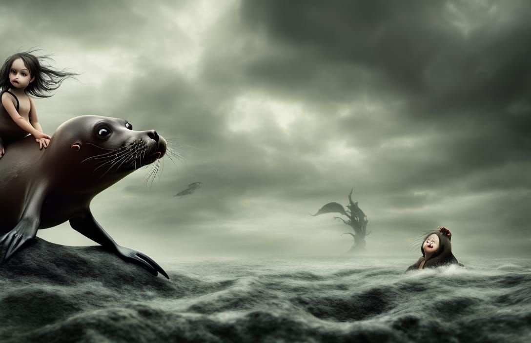 Girl toddler riding giant sea lion