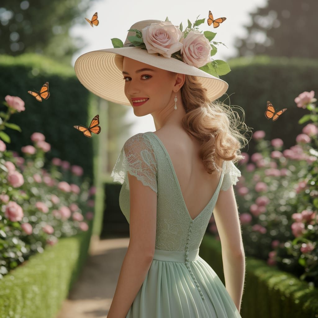 Elegant Woman in Rose Hat Strolls Through English Garden