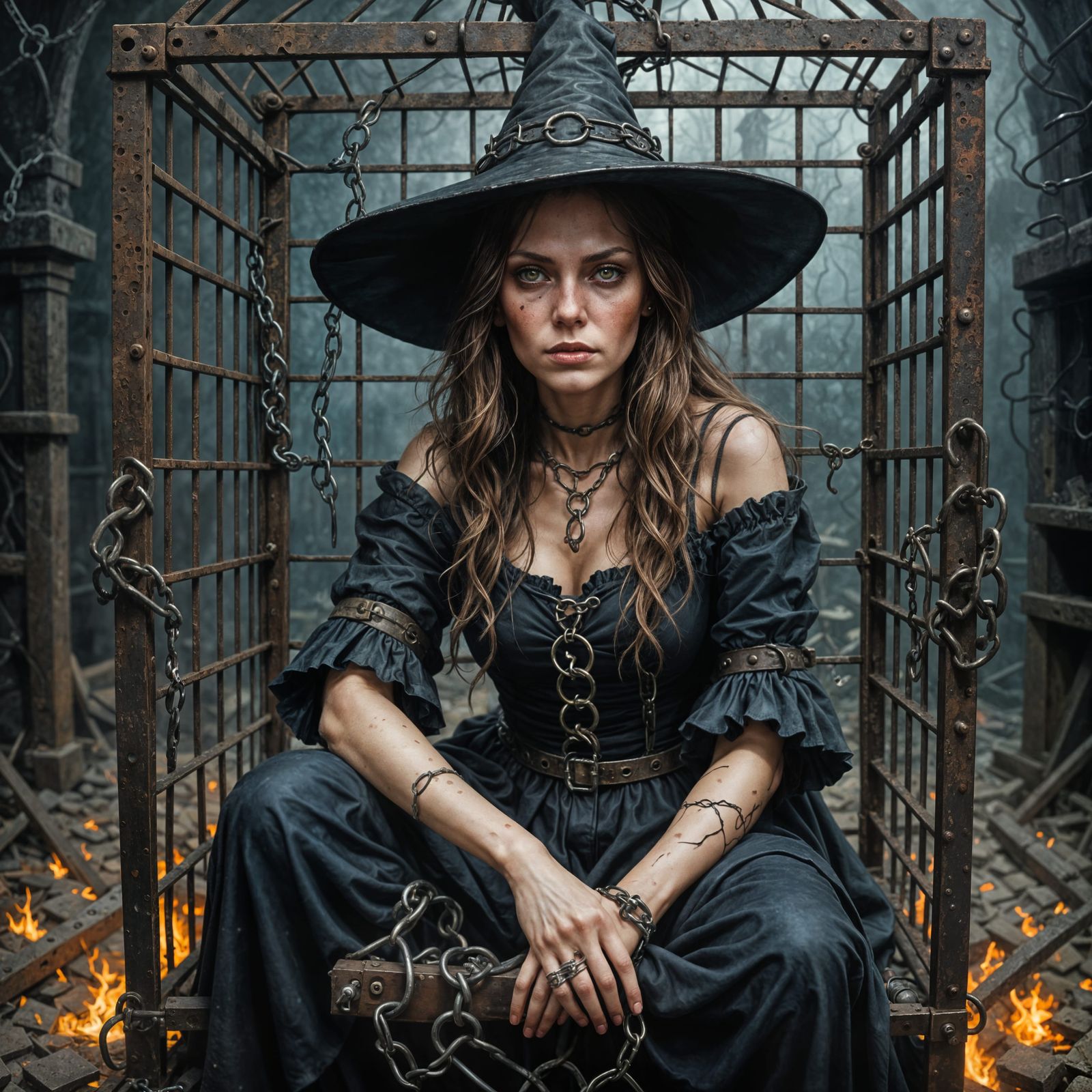 Beautiful Dark Fantasy Witch Trapped in Rusted Iron Cube Cag...