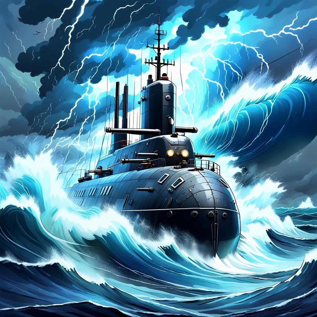Submarine on Raging Ocean in Anime Style