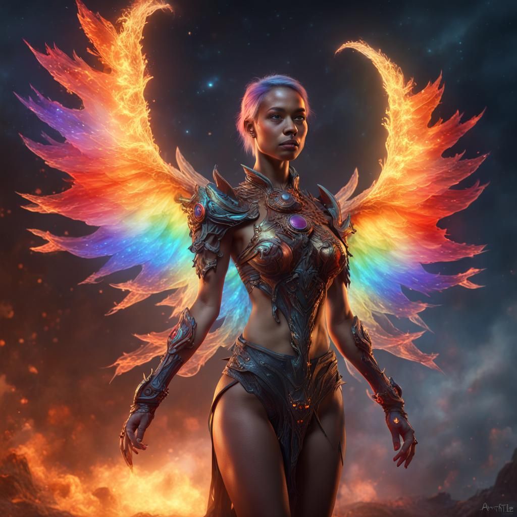 Cosmic Female Figure with Demon and Rainbow Wings