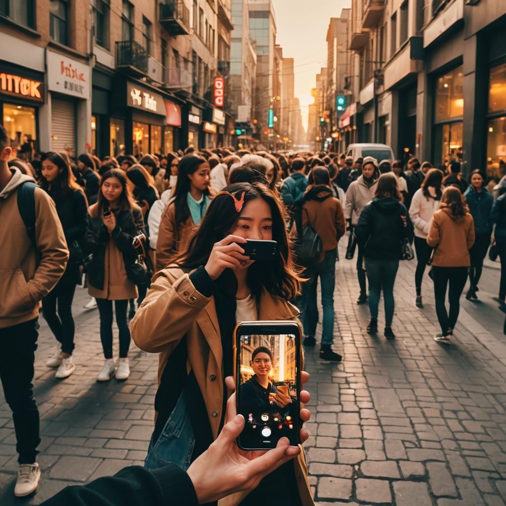 TikTok App on Phone in City at Sunset