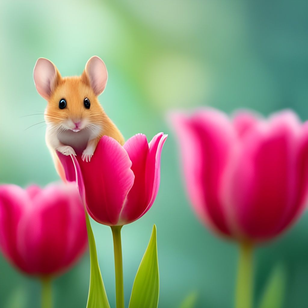 Cute Mouse in Tulip: Detailed 4K Illustration