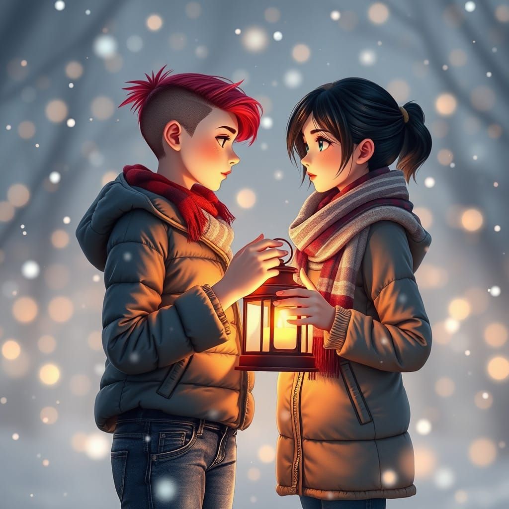 Girls in Whimsical Snowy Scene with Lanterns