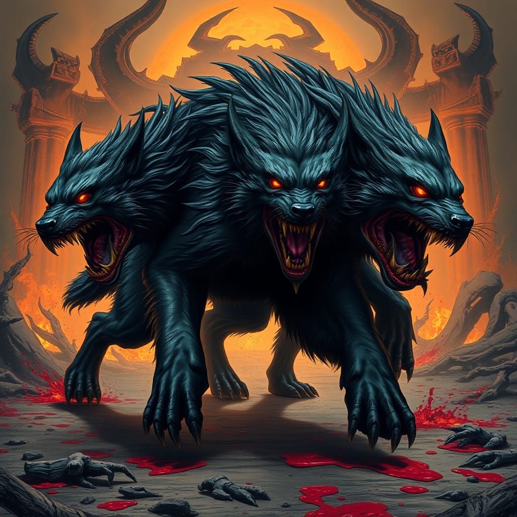 Three-Headed Dire Wolf Unleashes Fury in Gothic Hellscape