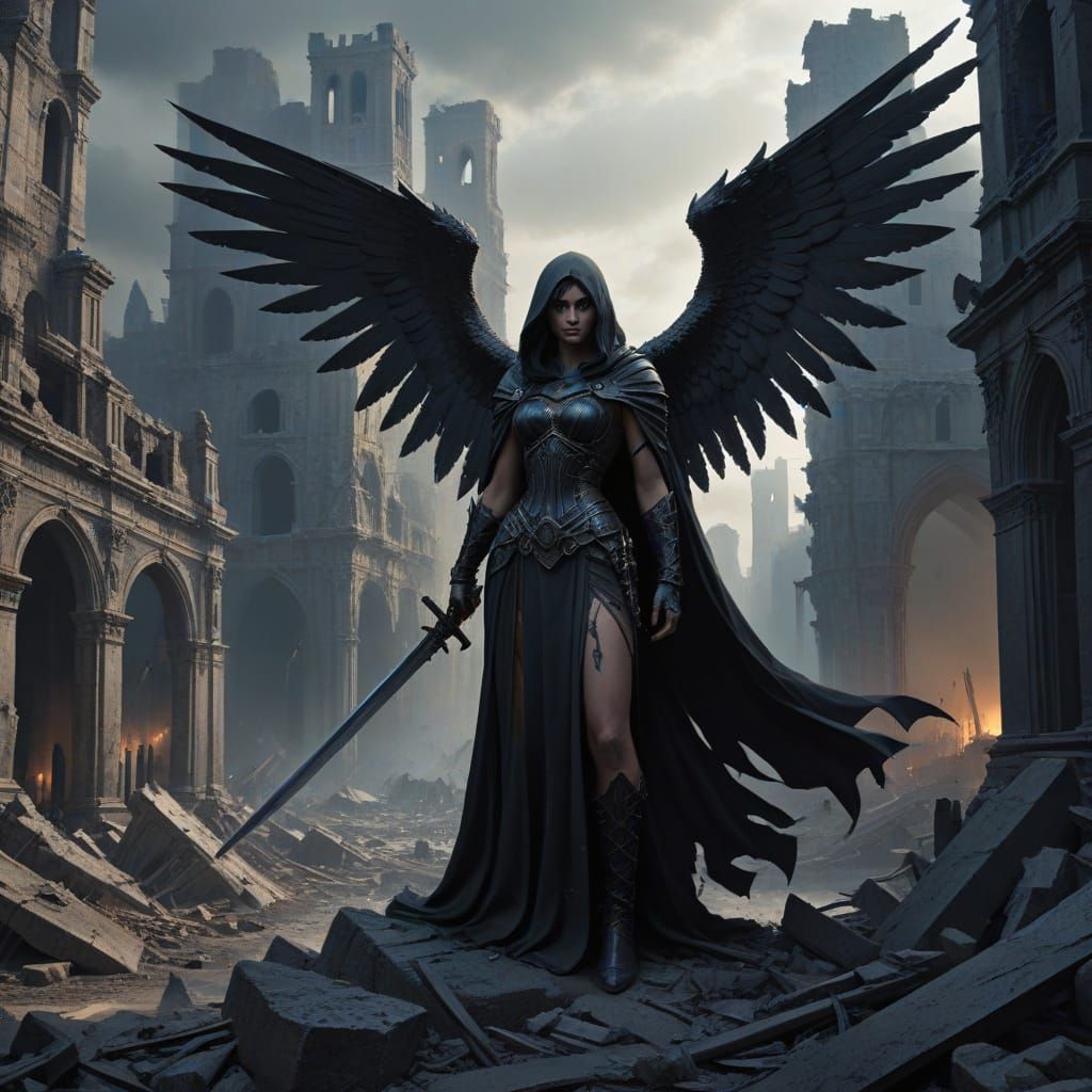 Ominous Dark Angel Stands Amidst Ruins