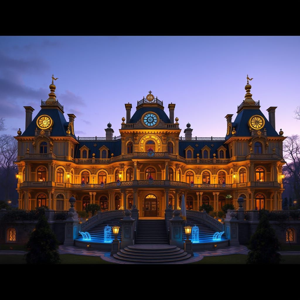 Elegant Brass Manor Illuminated by Glowing Blue Runes at Dus...