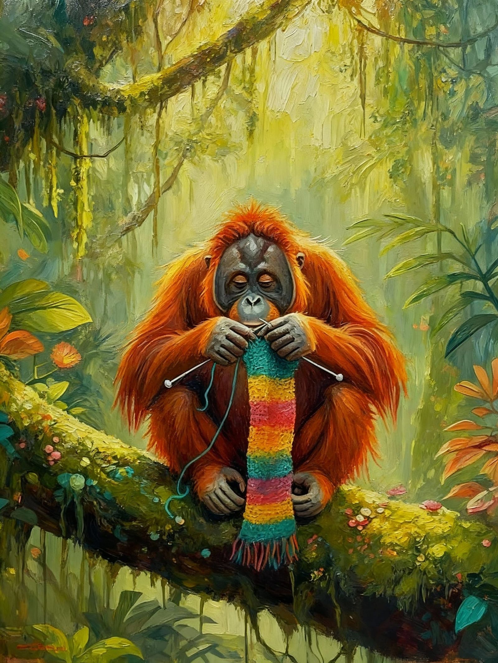 Cute Orangutan Knitting in Lush Rainforest Canopy