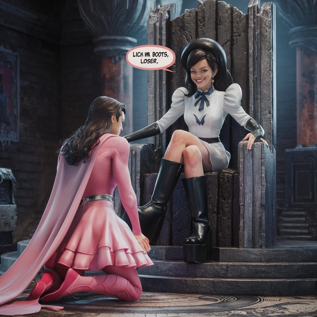 Superman as Sissy Kneels Before Villainous Meghan Markle
