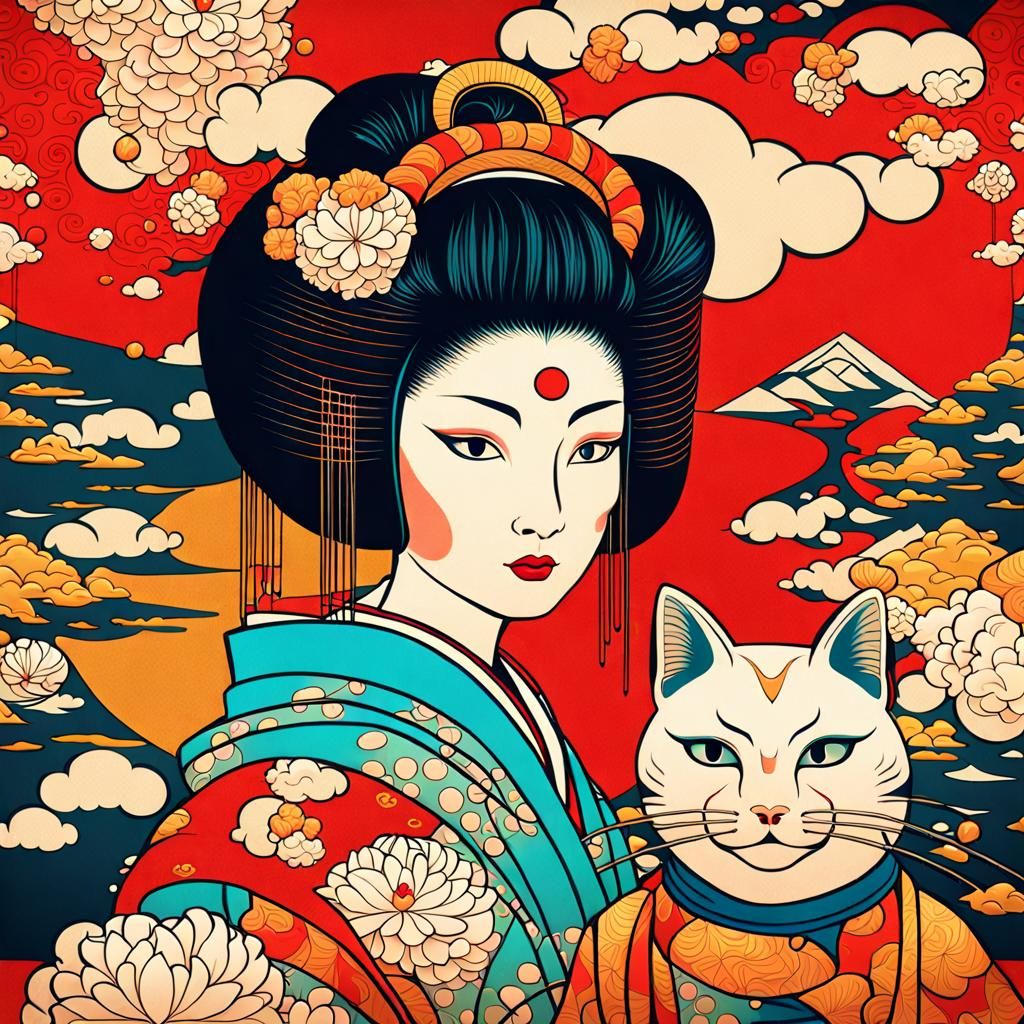 Early Japanese art Nouveau pop art style geisha and cat face...
