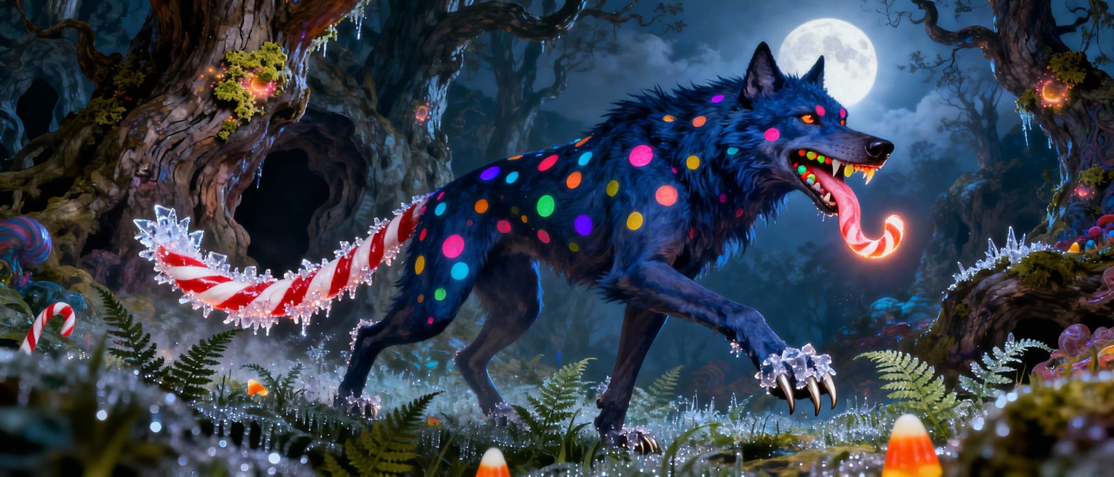 Candy Corn Werewolf in Spooky Moonlit Forest