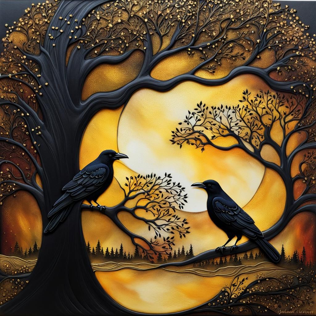 Dreaming Ravens Under Fantasy Trees in Alcohol Ink