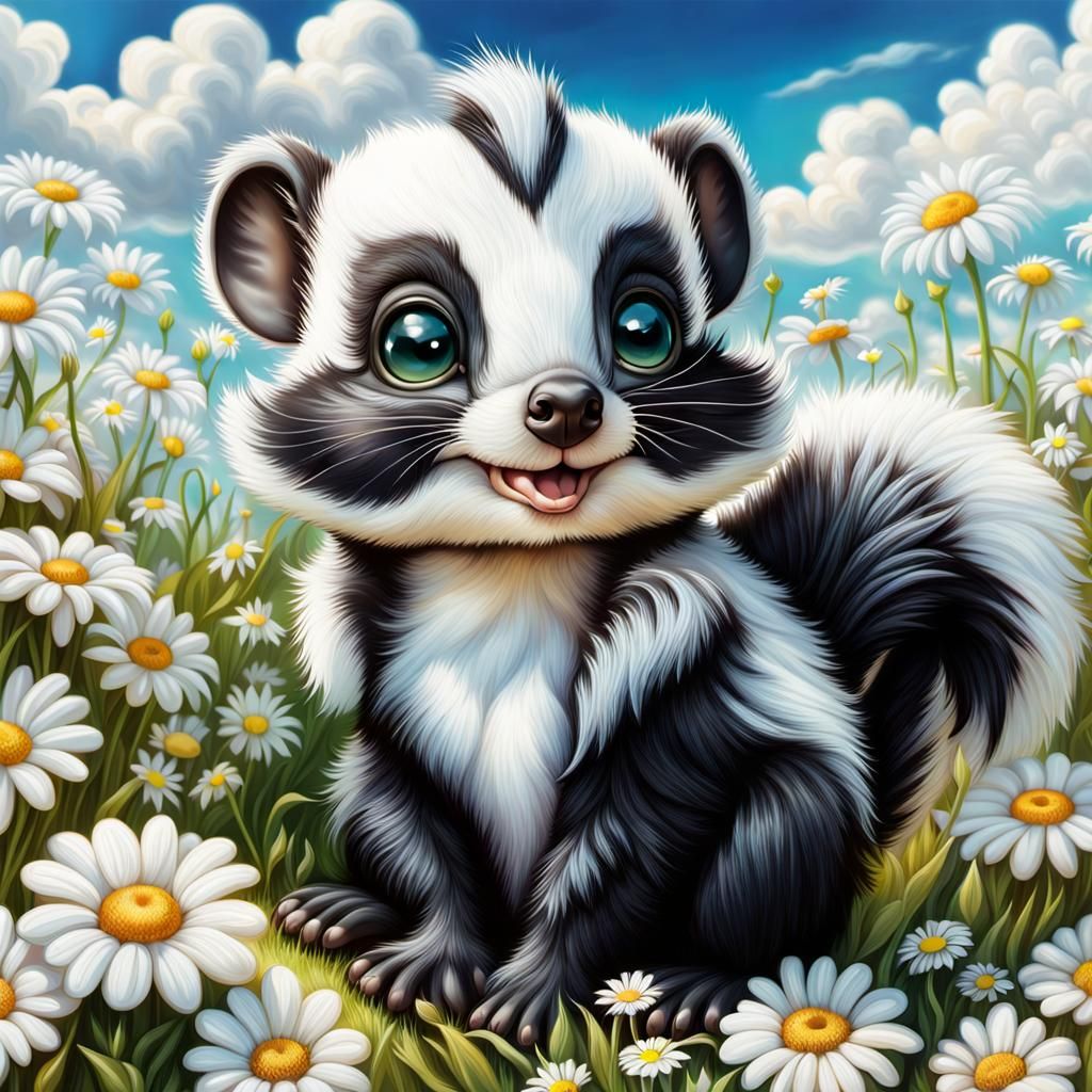 Cute Baby Skunk in Daisy Field: Airbrush Art