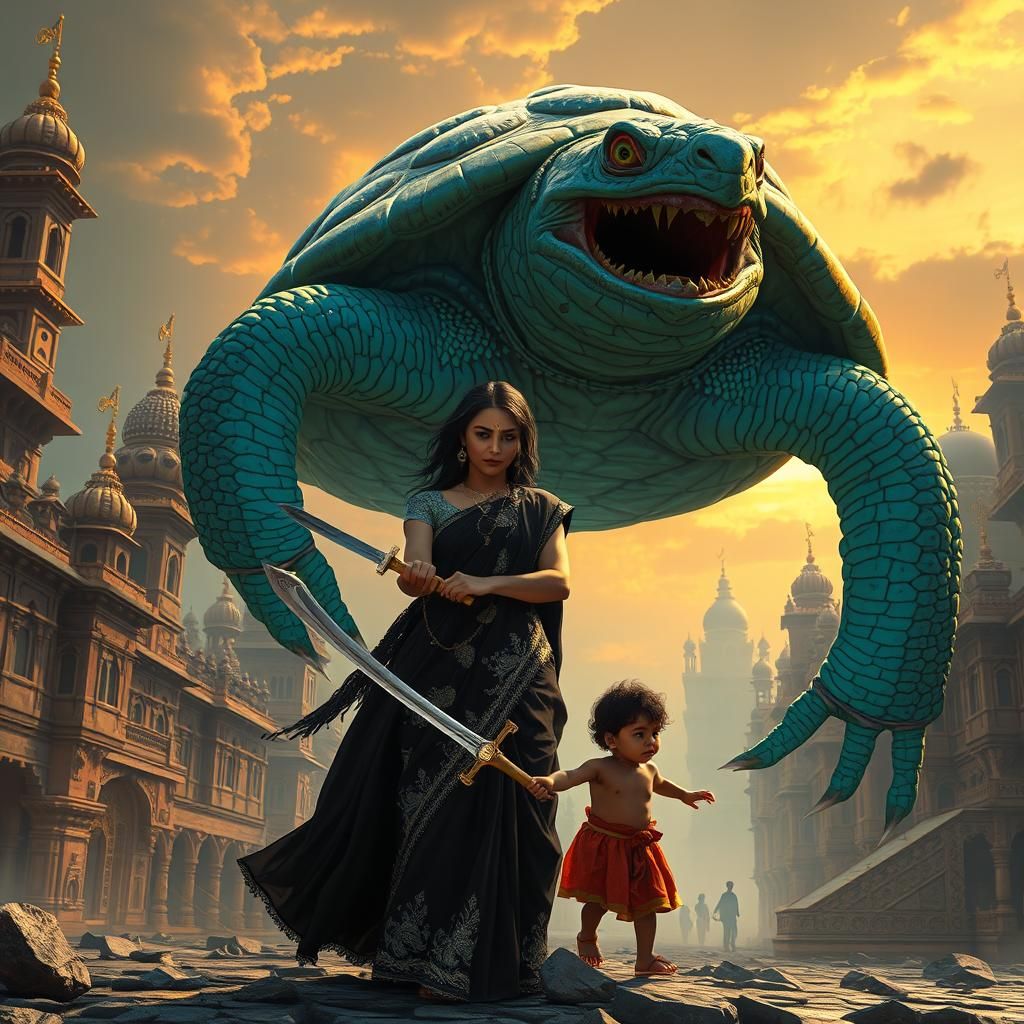 Indian Goddess Defends Child From Turtle Monster