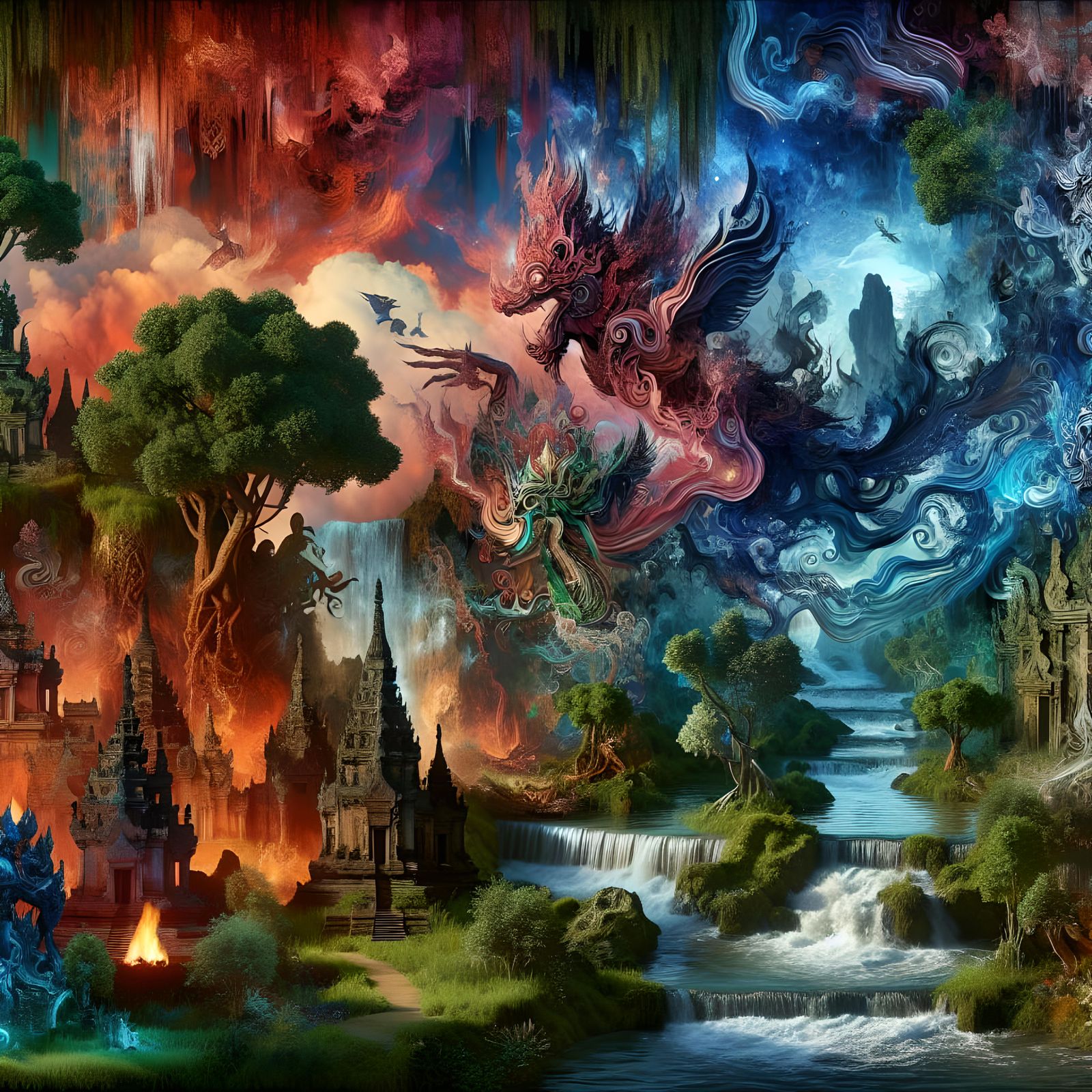 Surreal Landscape with Shadow Puppets and Waterfalls