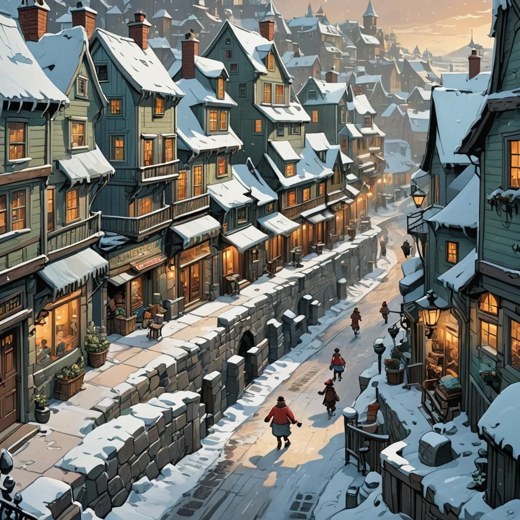 Disney comic art , in a small coastal town where icy winds went through narrow streets