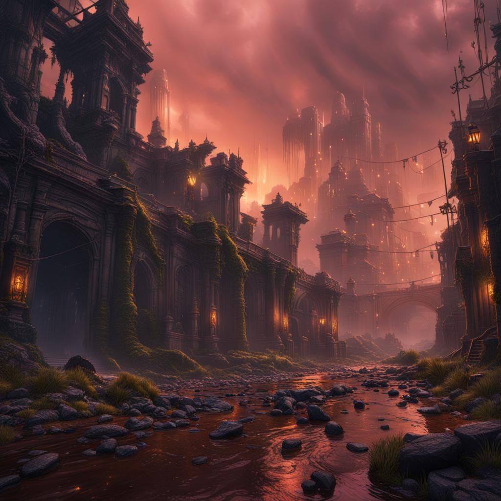 Acid Rain City in Detailed Matte Painting Style