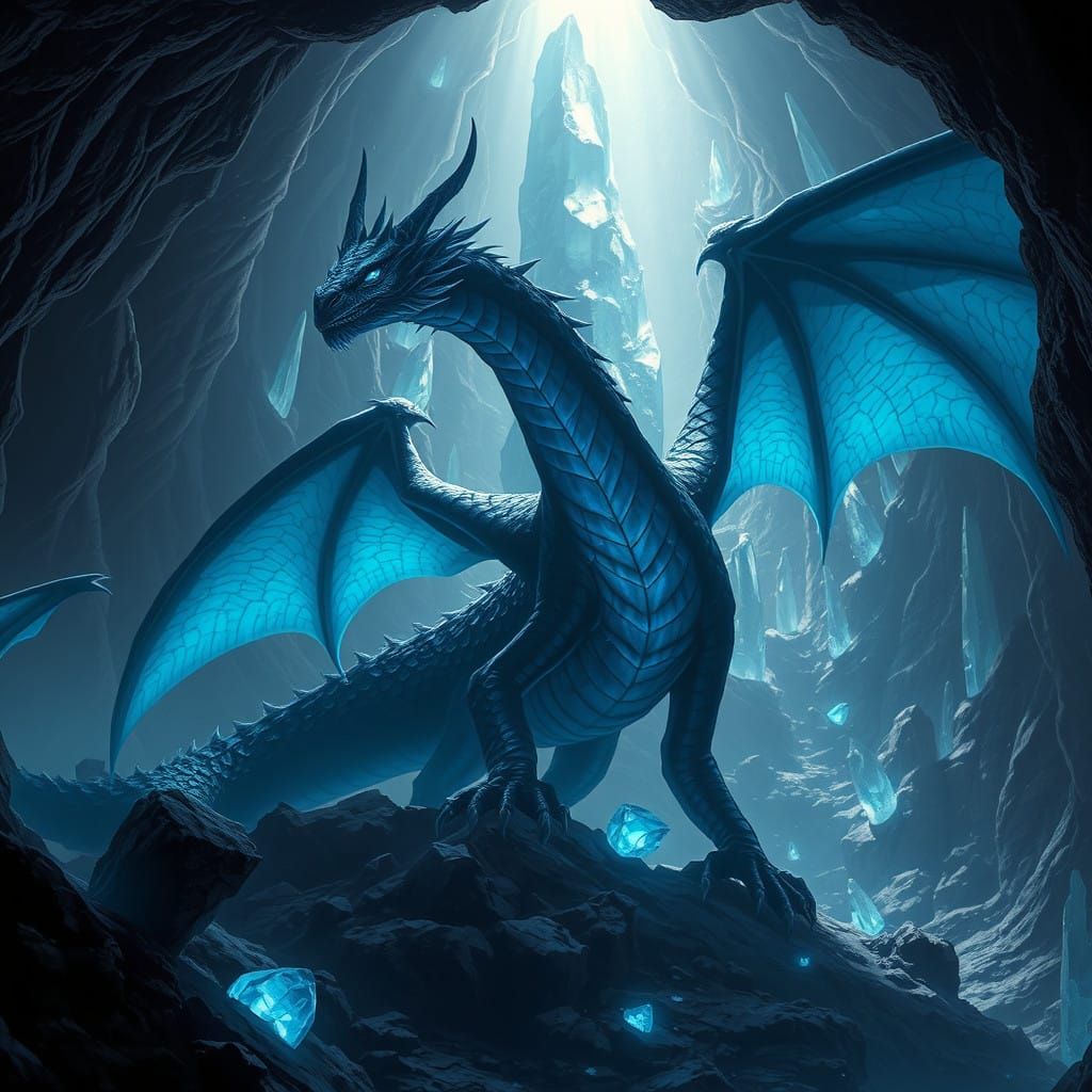 Mystical Black Dragon Glows in a Dark Cave with Crystal Form...