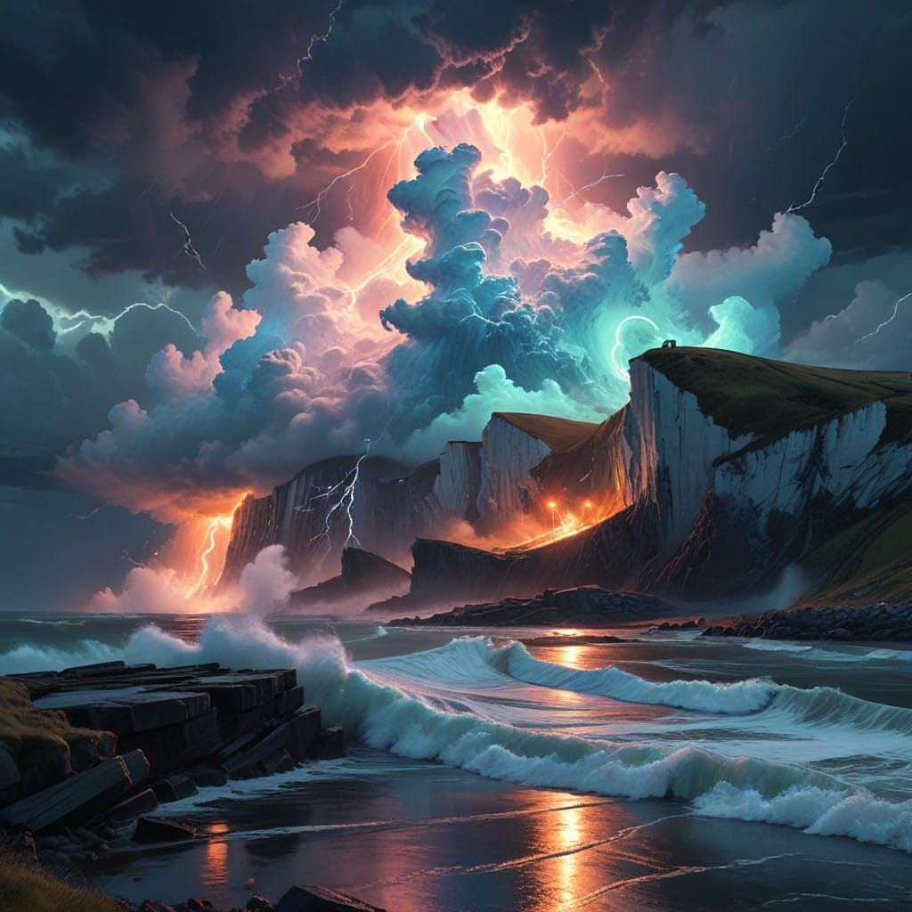 Stormy White Cliffs of Dover in Cyberpunk Style
